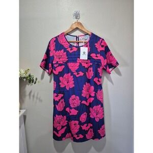 Wenrine Womens Pink Blue Floral Lotus Pleated Mini Dress ShortSleeve withpockets